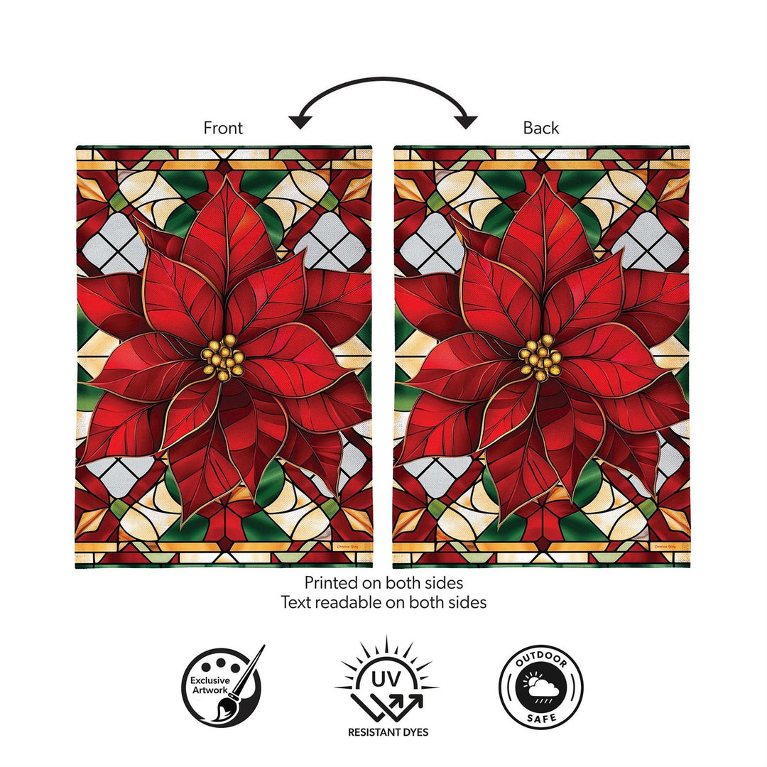 Stained Glass Poinsettia garden flag size graphic showing 12 inches wide by 18 inches long