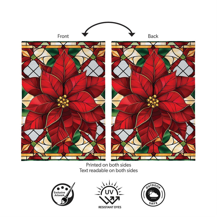 Stained Glass Poinsettia garden flag size graphic showing 12 inches wide by 18 inches long
