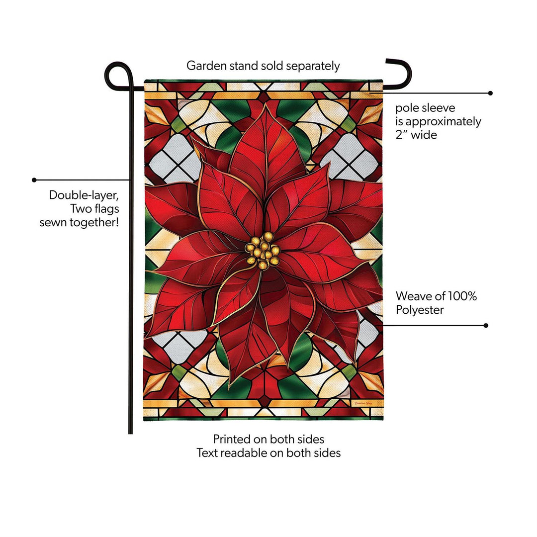 Front and back of two-sided Stained Glass Poinsettia Christmas garden flag