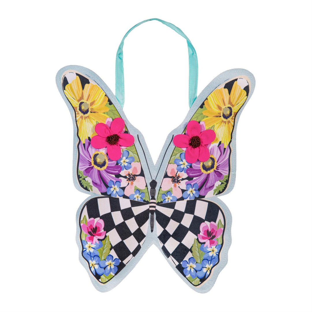 Summer Courtly Check Butterfly Door Decor product flat lay showing full butterfly silhouette with floral upper wings featuring raised pink flowers and black-and-white check lower wings