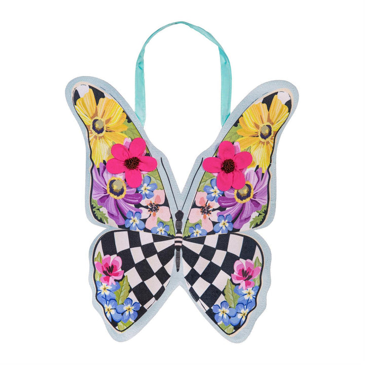 Summer Courtly Check Butterfly Door Decor product flat lay showing full butterfly silhouette with floral upper wings featuring raised pink flowers and black-and-white check lower wings