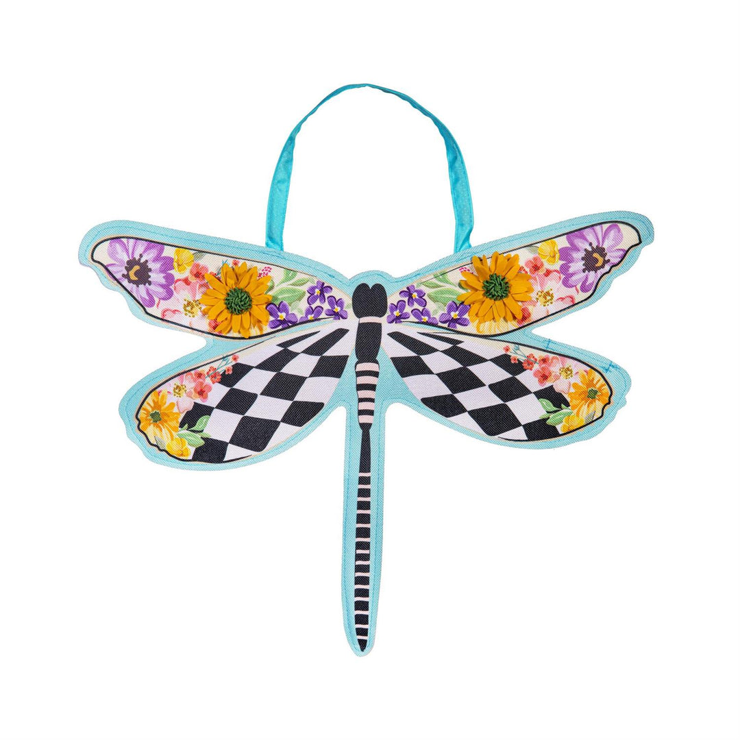 Courtly Check Dragonfly Shaped Door Decor product flat lay showing full dragonfly silhouette with turquoise ribbon loop, check pattern wings and sunflower floral detail