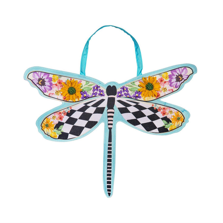 Courtly Check Dragonfly Shaped Door Decor product flat lay showing full dragonfly silhouette with turquoise ribbon loop, check pattern wings and sunflower floral detail