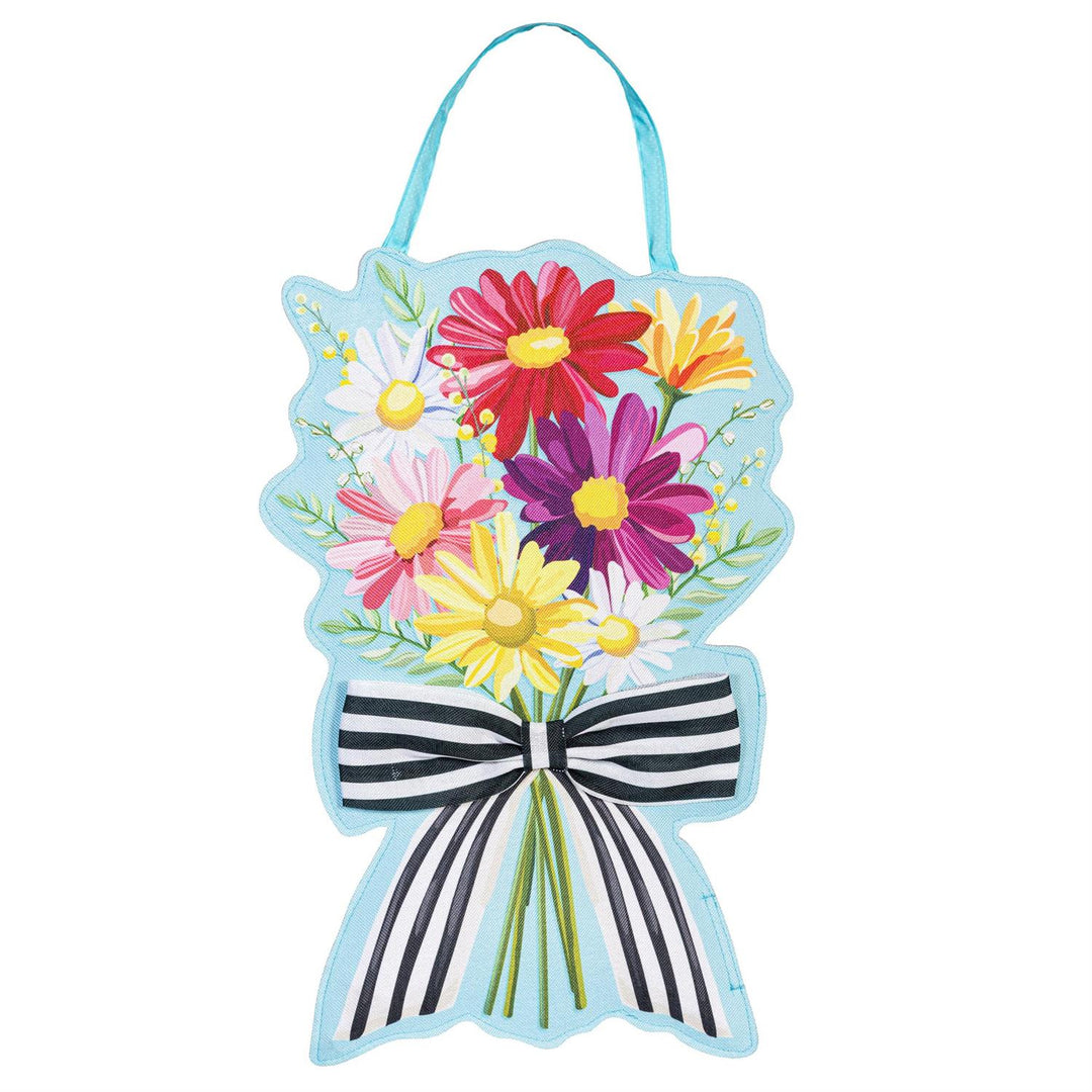 Summer Daisy Bow Bouquet Door Decor - daisy side product flat lay on sky blue background with colorful daisies and black-and-white stripe bow