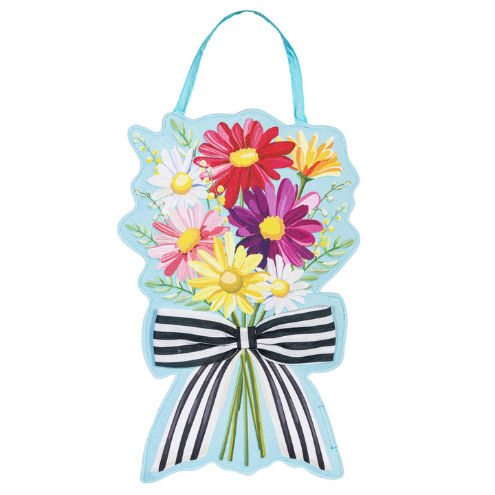 Summer Daisy Bow Bouquet Door Decor - daisy side product flat lay on sky blue background with colorful daisies and black-and-white stripe bow