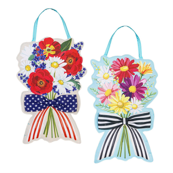 Summer Daisy Bow Bouquet Double Sided Door Decor showing both sides side by side - patriotic bouquet and daisy bouquet