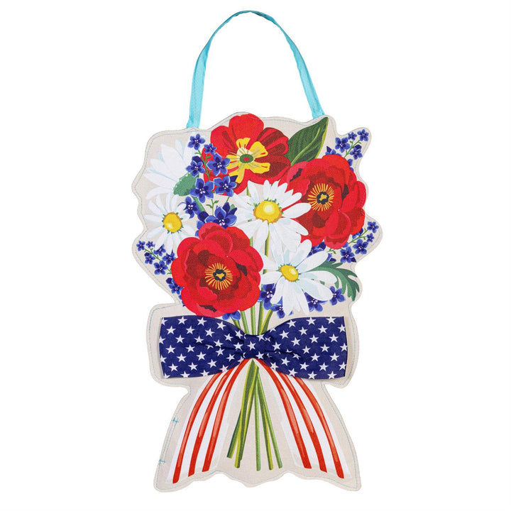 Summer Daisy Bow Bouquet Door Decor - patriotic side product flat lay with red poppies, white daisies, blue wildflowers and stars-and-stripes bow