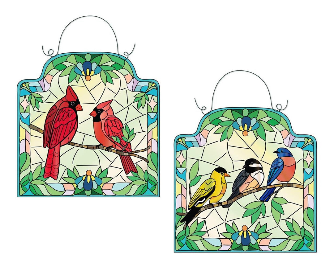 Summer Stained Glass Songbirds Double Sided Door Decor showing both sides - Cardinal pair on left panel and Goldfinch, Chickadee, Bluebird on right panel with stained glass mosaic border and wire hanger