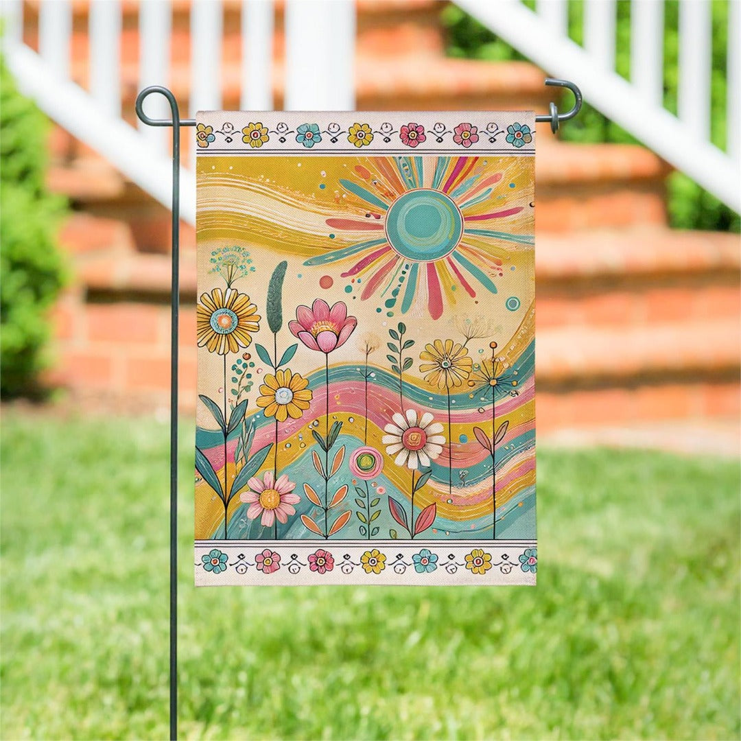 Sunny Field 2-Sided Burlap Garden Flag | Boho Floral | 12.5" x 18" heartlandflags