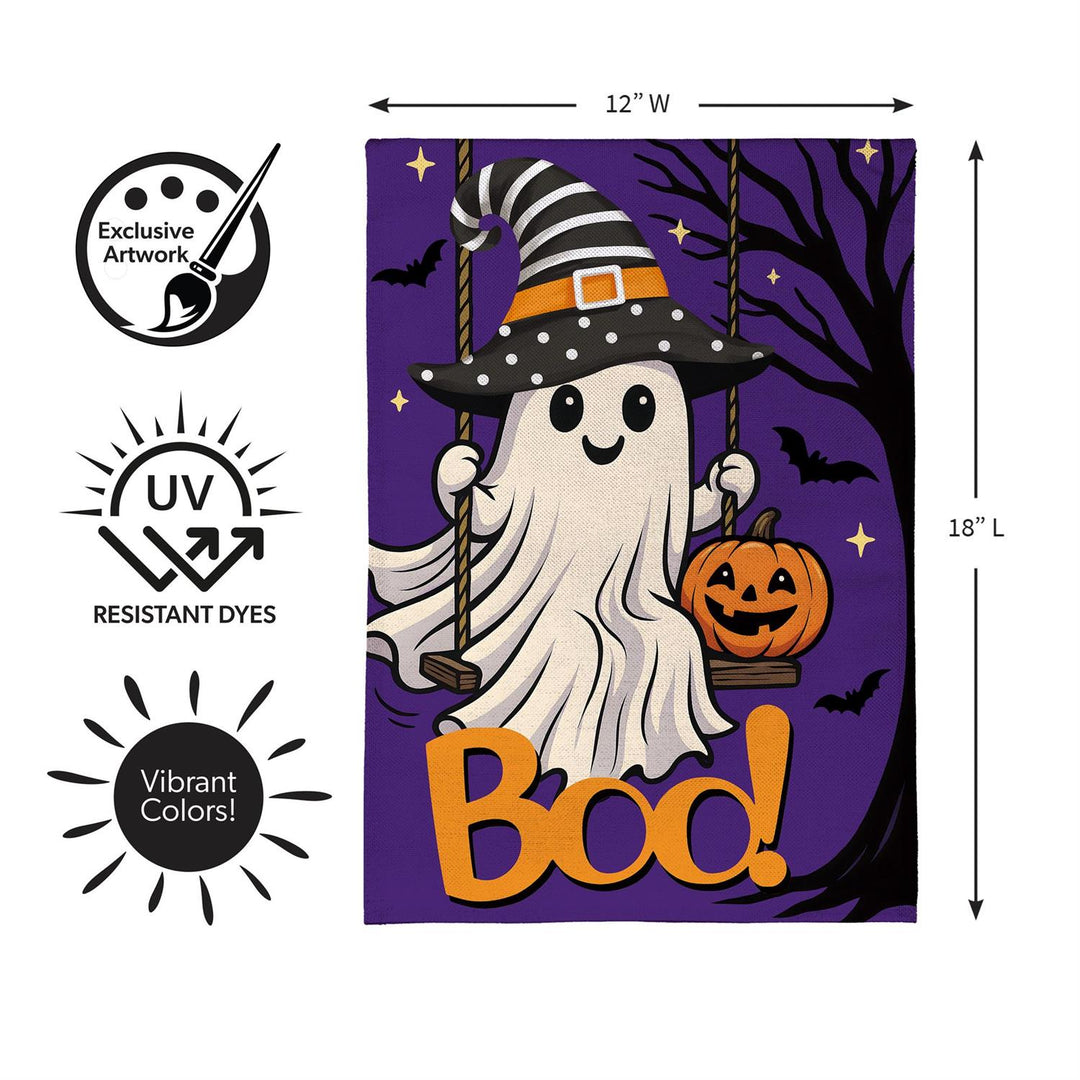 Swinging Ghost flag specifications showing double-layer polyester construction and approximately 2-inch pole sleeve