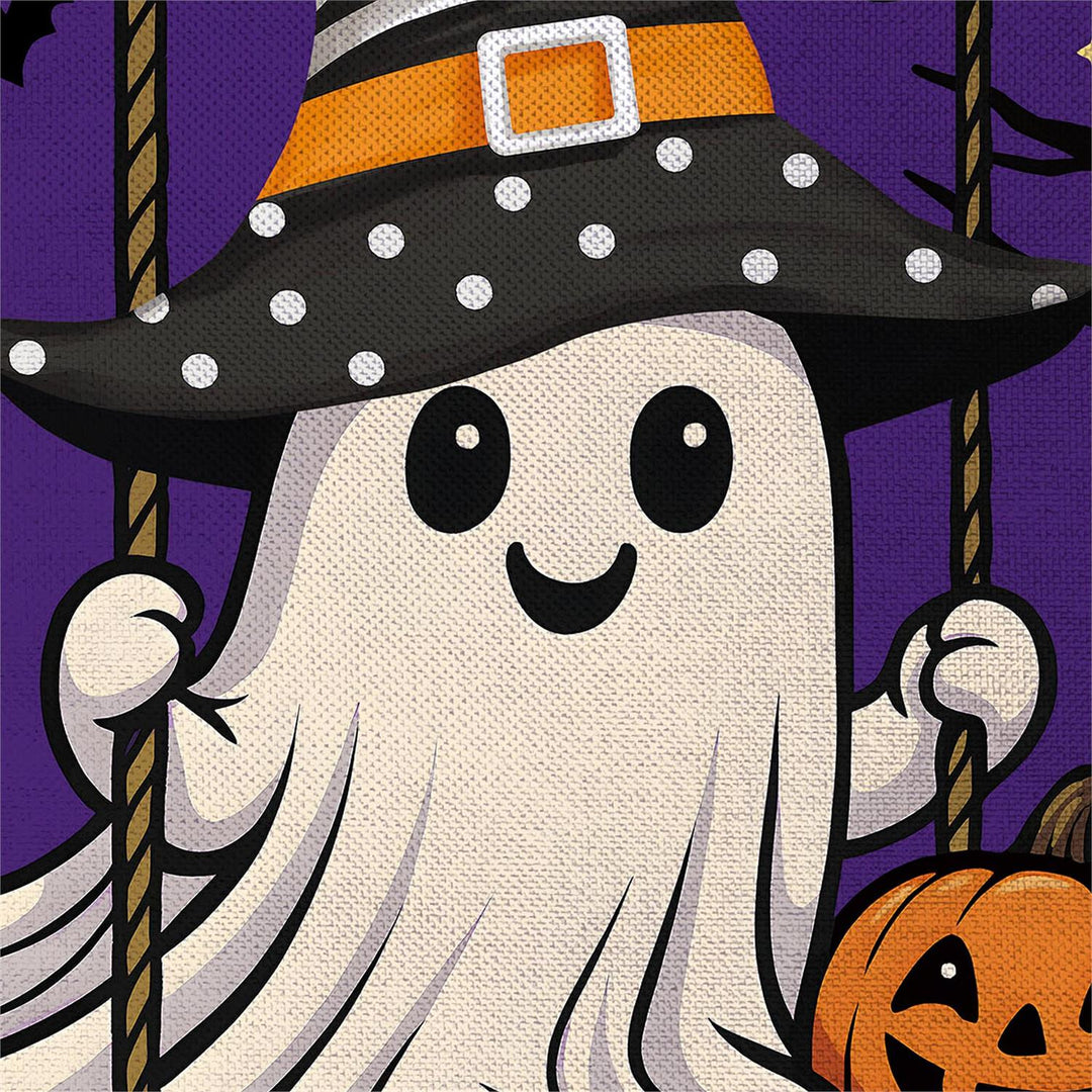 Swinging Ghost Boo garden flag on decorative stand in a Halloween porch display