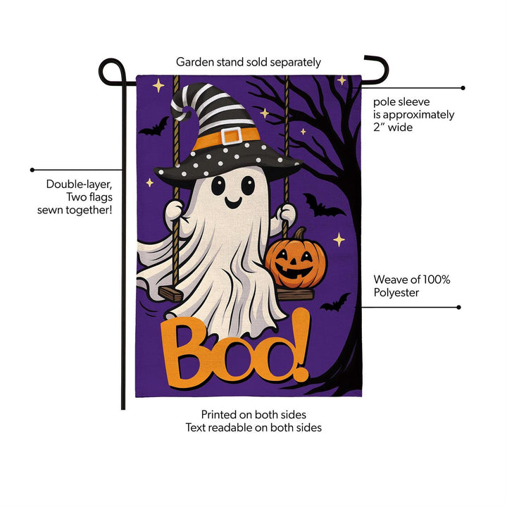Two-sided purple Swinging Ghost garden flag displayed on a garden flag stand