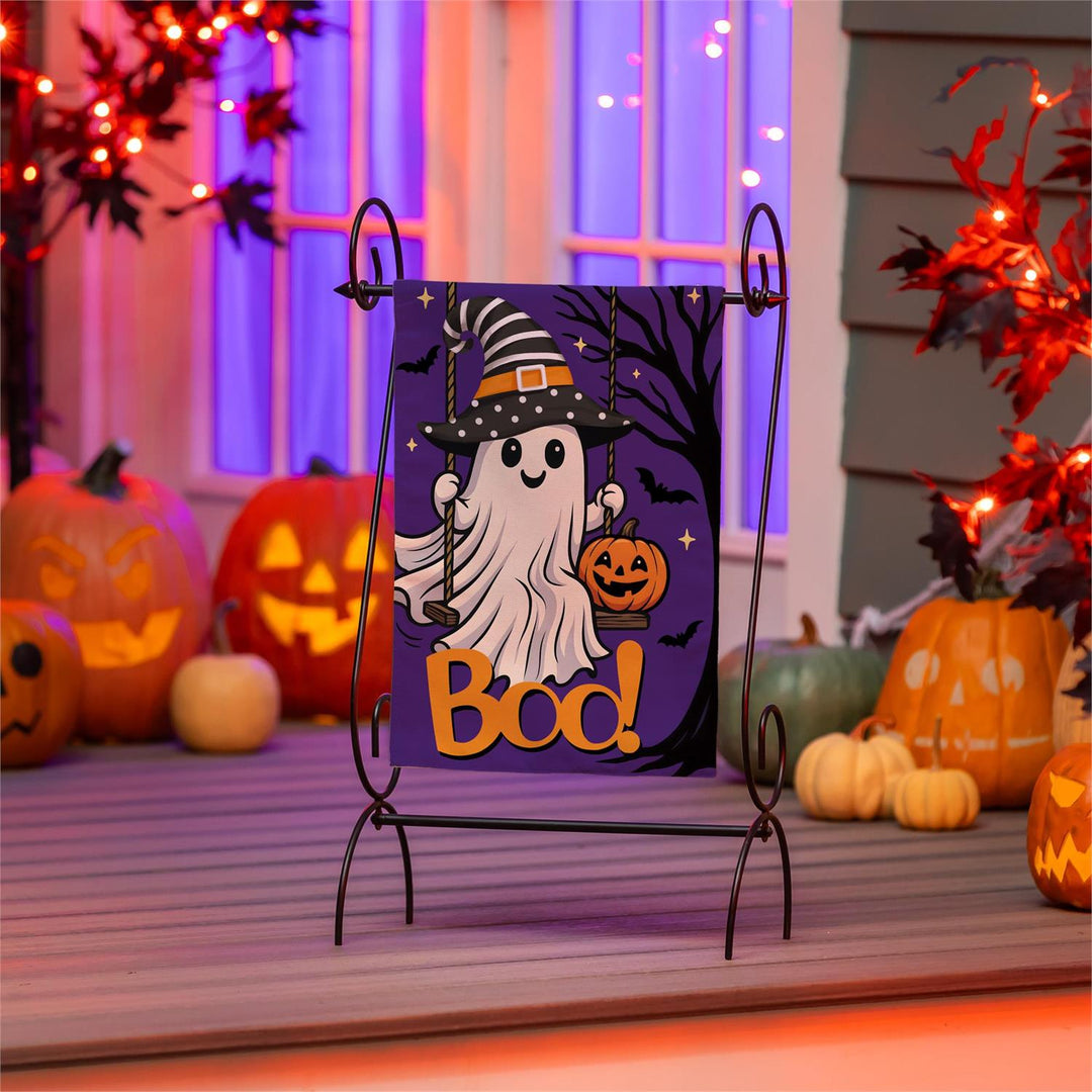 Front and back of two-sided Swinging Ghost burlap garden flag with readable Boo text