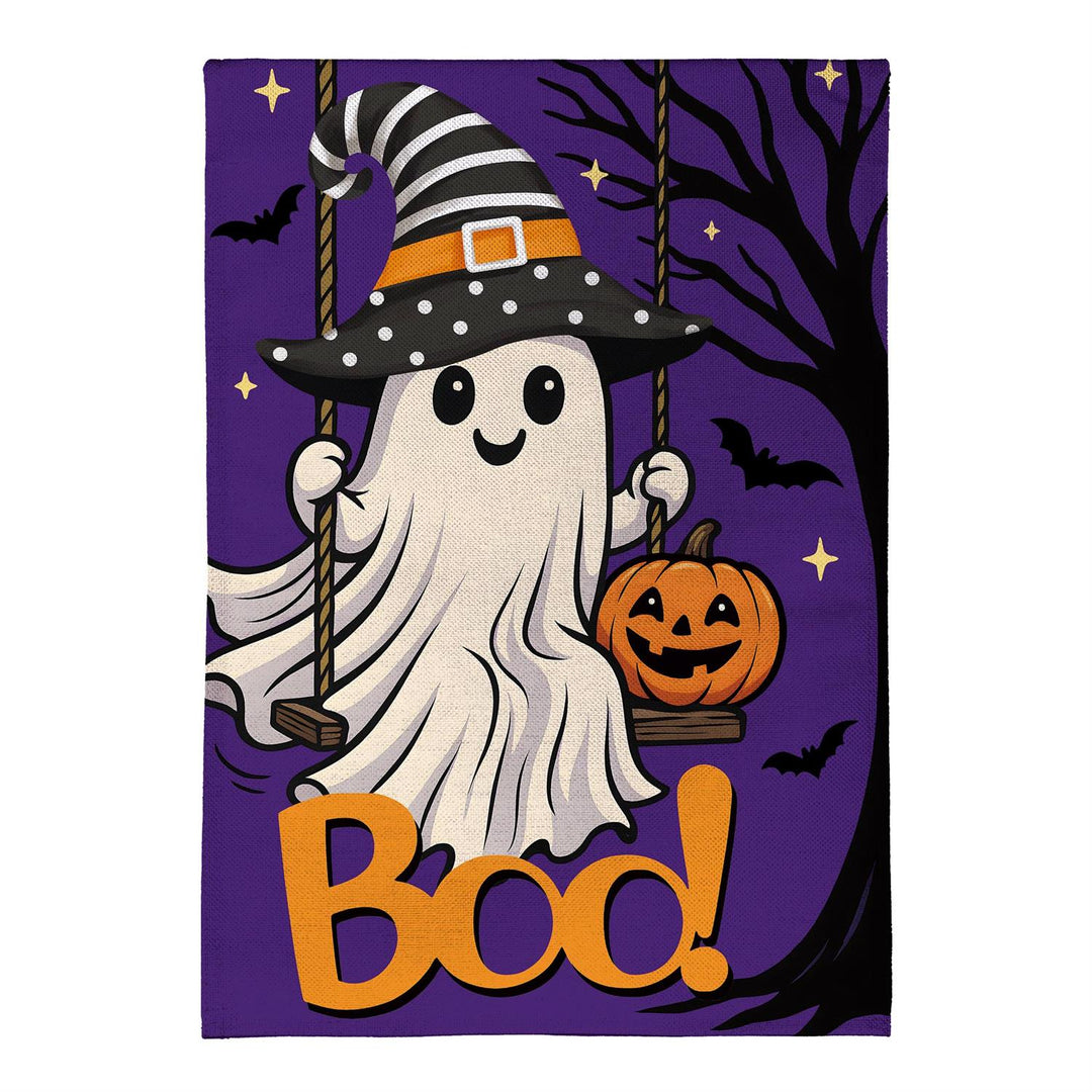 Swinging Ghost Halloween garden flag displayed beside porch pumpkins and seasonal lights