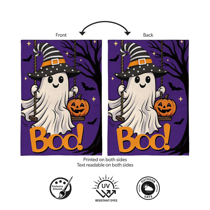 Swinging Ghost Halloween garden flag dimensions of 12 inches wide by 18 inches long