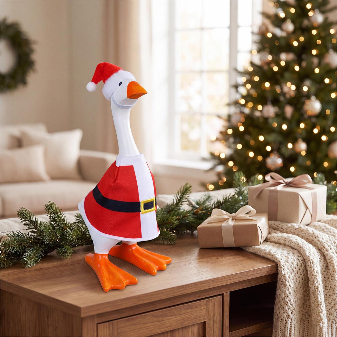 Santa body outfit and red pom-pom hat for Gordy with black belt and gold-colored buckle, goose not included