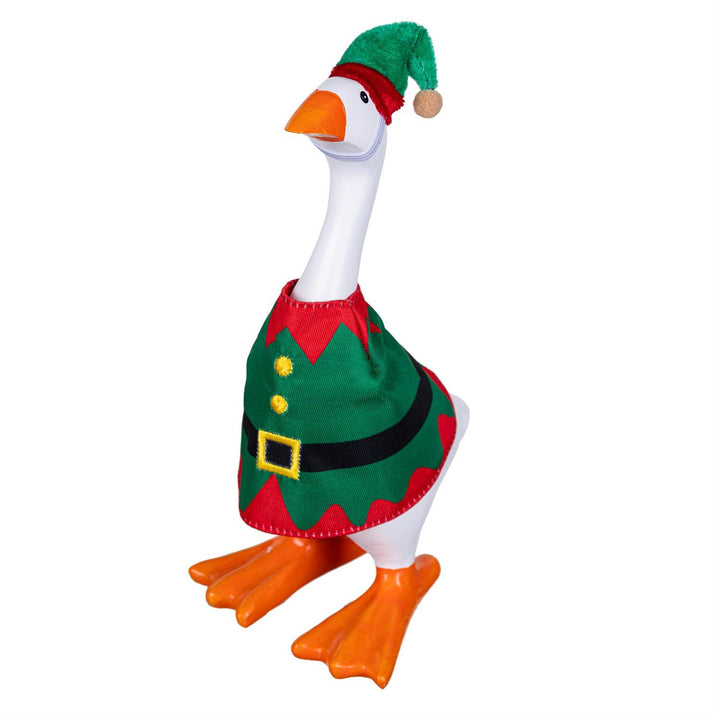Elf table goose body costume with black belt, gold-colored buckle and matching green hat, goose not included