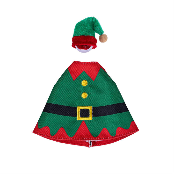 Rear view of elf outfit for Gordy showing red pointed collar, black belt design and green pom-pom hat
