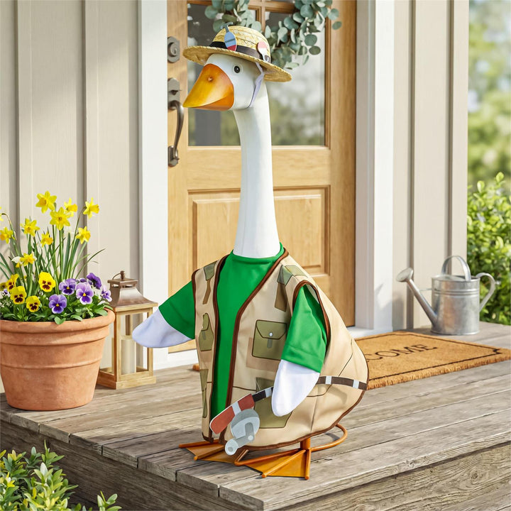 Fishing outfit and coordinating hat for a 21-inch porch goose, shown without the goose
