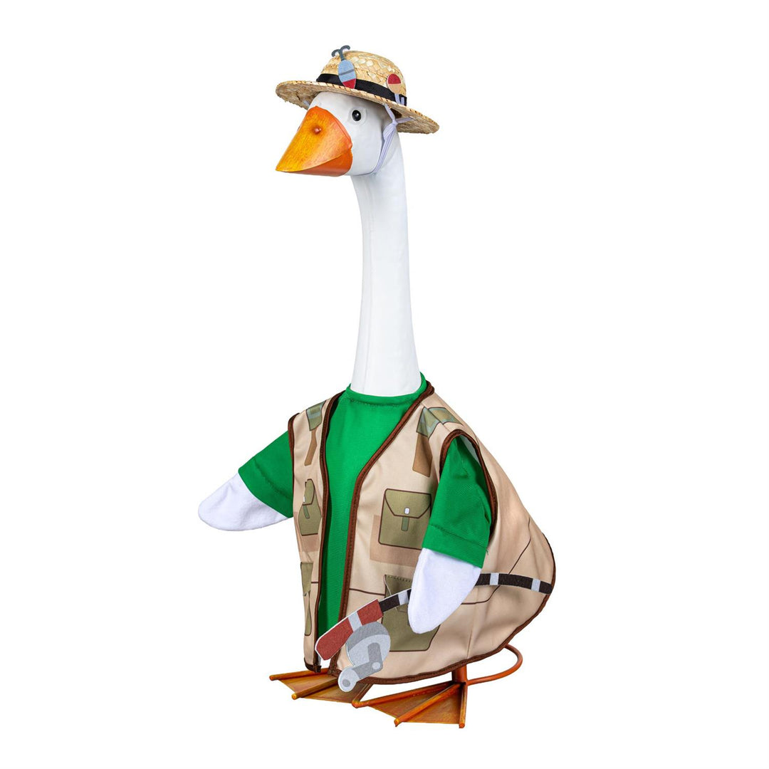 Fishing-themed porch goose outfit displayed on a goose among spring flowers by a doorway