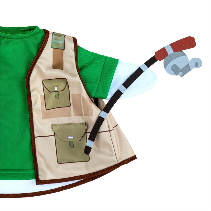 Decorative porch goose modeling fishing outfit with green shirt, tan vest styling, fishing rod detail, and hat