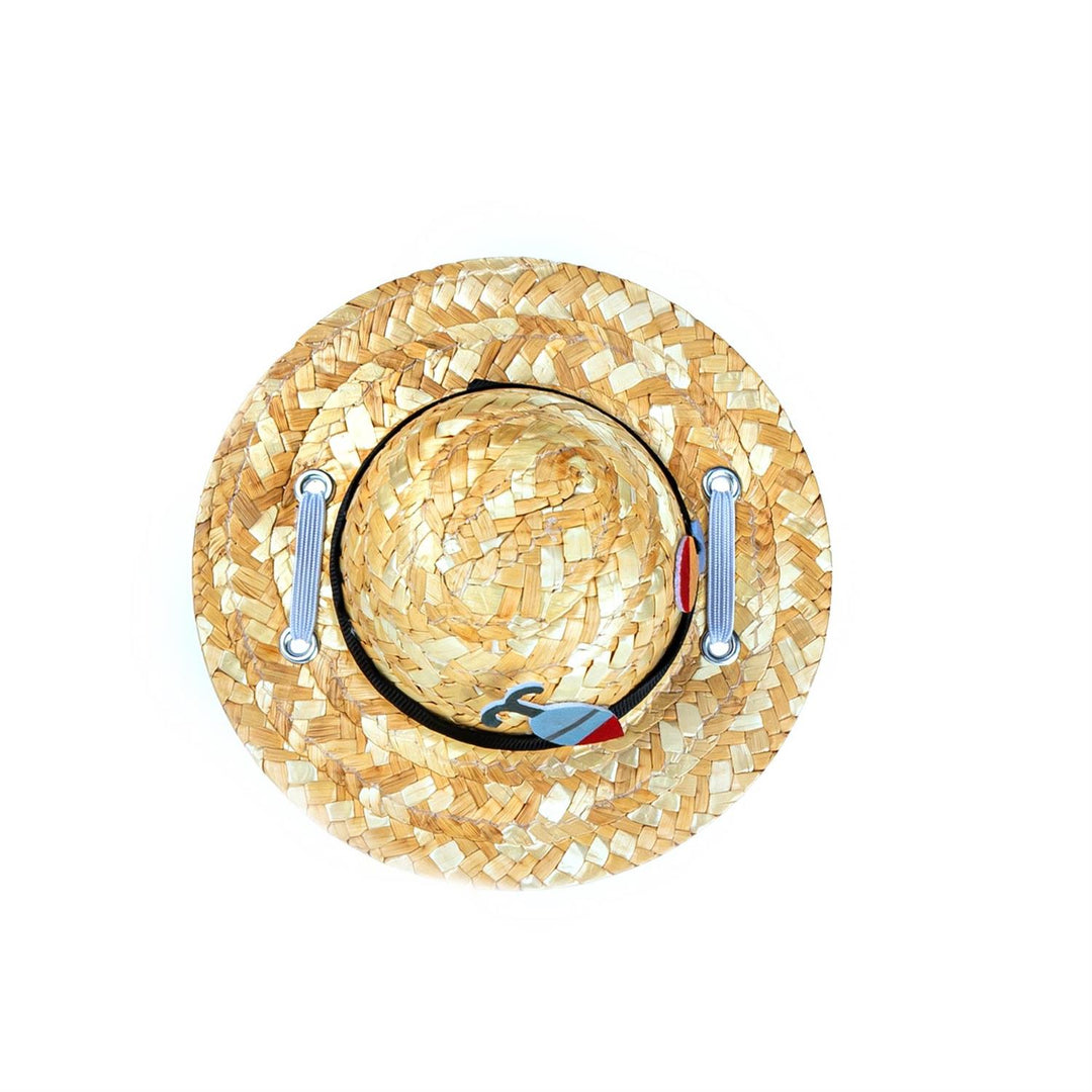 Top view of woven-look fishing hat with dark band and colorful fishing-themed accents