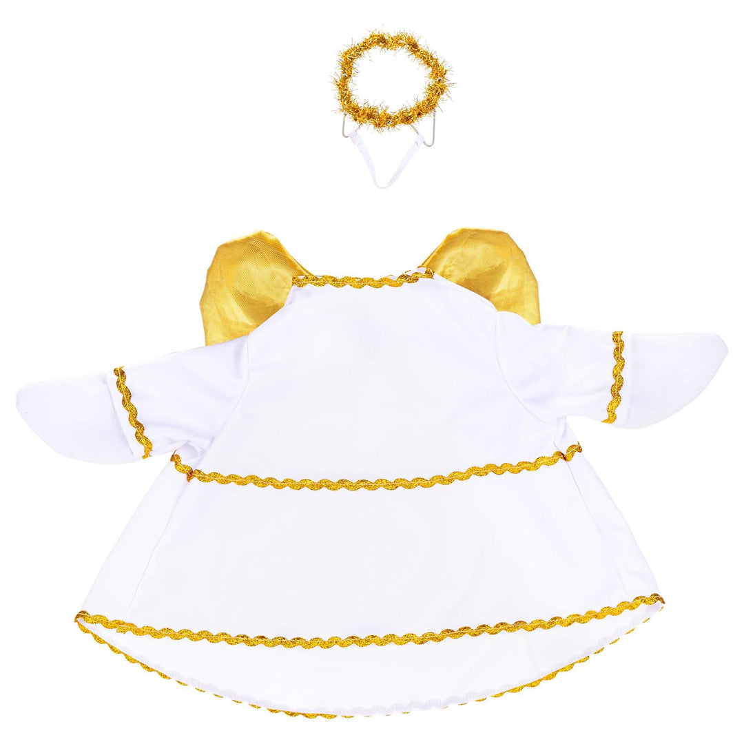 White and gold angel outfit with wings and separate halo accessory for a 21-inch porch goose