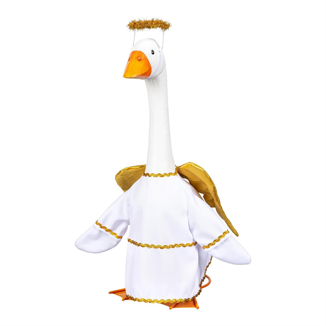 Decorative goose modeling white angel robe, gold wings, and raised gold halo; goose sold separately