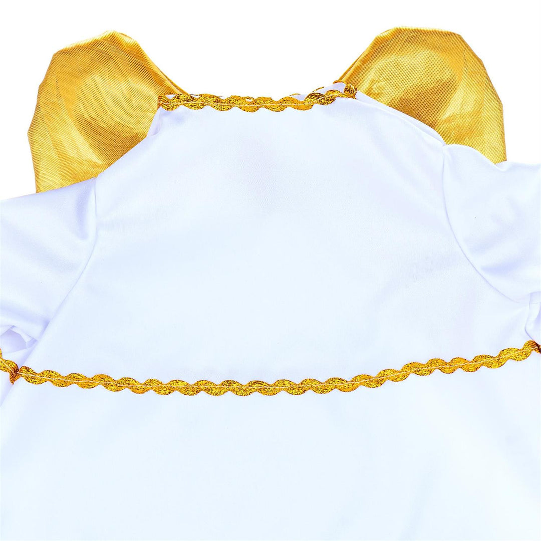 Close-up of gold tinsel angel halo with support frame and white securing strap