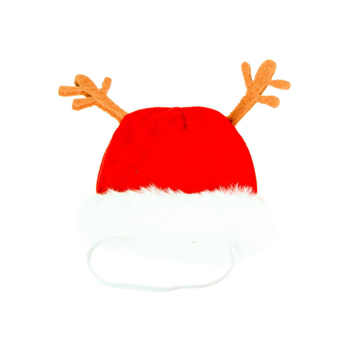 Decorative porch goose wearing red snowman sweater with striped sleeves and matching red antler hat