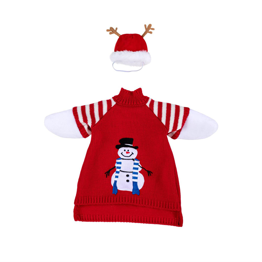 Red snowman sweater and antler hat shown together for a decorative porch goose