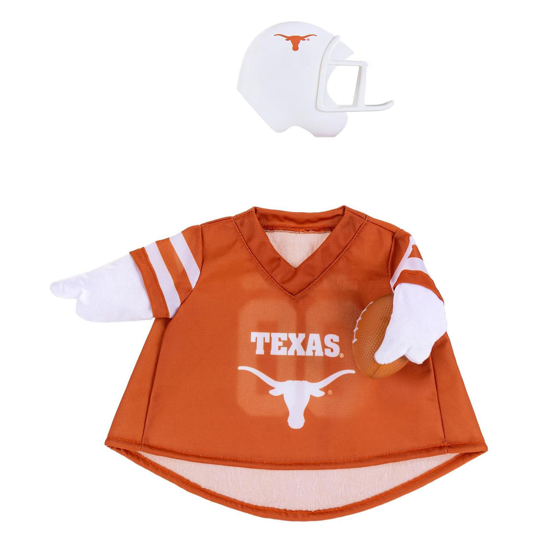 Front of Texas goose outfit with TEXAS lettering, white Longhorn logo, football detail, and matching helmet