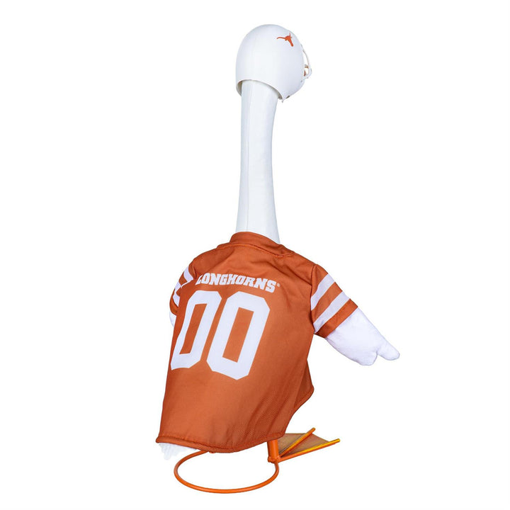 Rear of burnt-orange Longhorns 00 jersey outfit and white helmet accessory shown without a goose