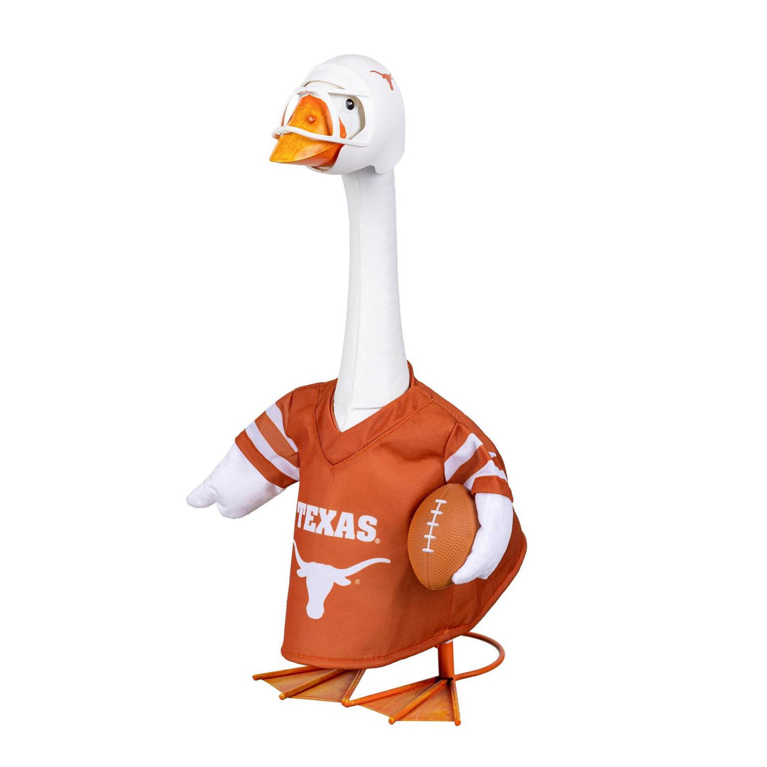 Texas Longhorns porch goose outfit displayed beside autumn flowers on a porch