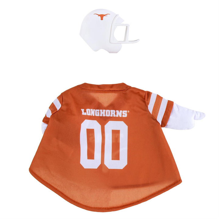 Angled view of Texas Longhorns football goose outfit showing striped sleeves and decorative football detail