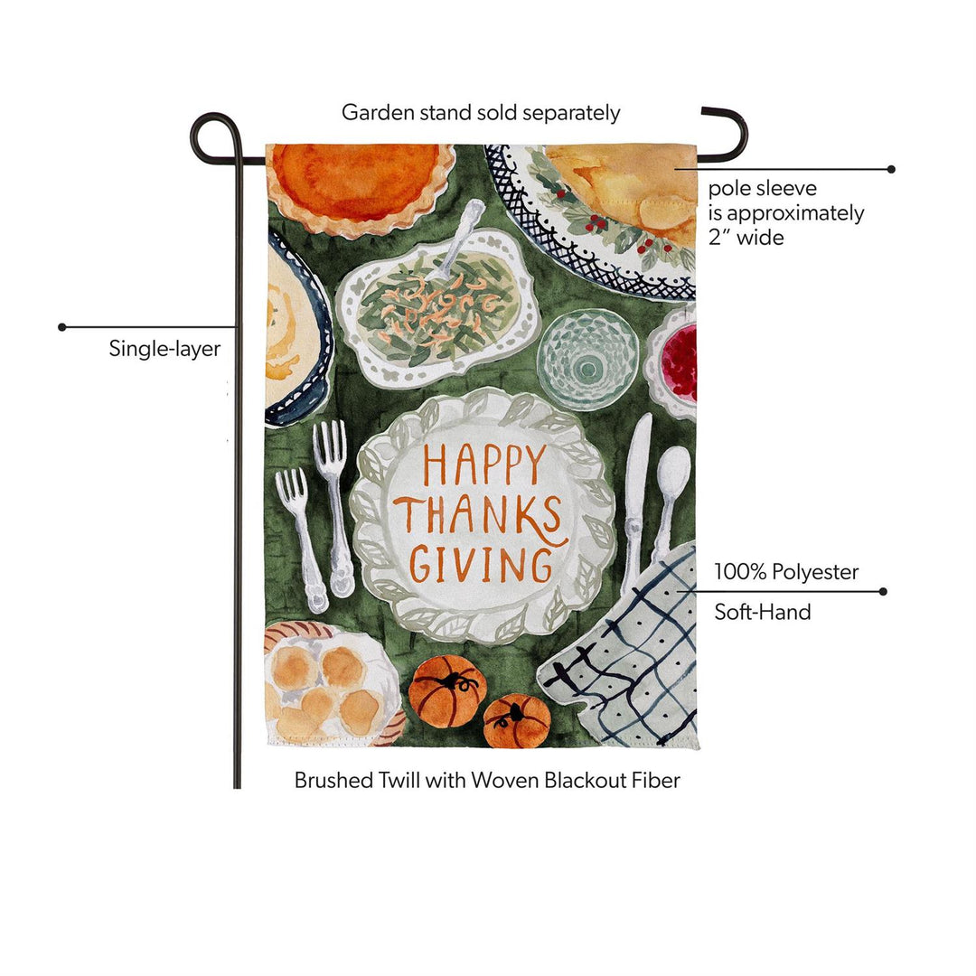 Front and back of Thanksgiving Spread garden flag with text readable on both sides