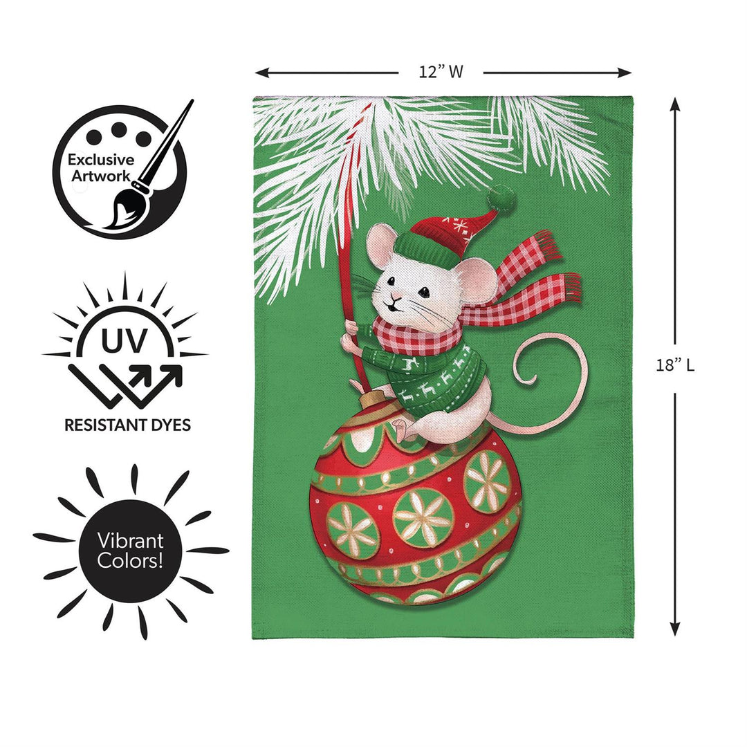 Mighty Merry Mouse Christmas garden flag displayed beside a red front door