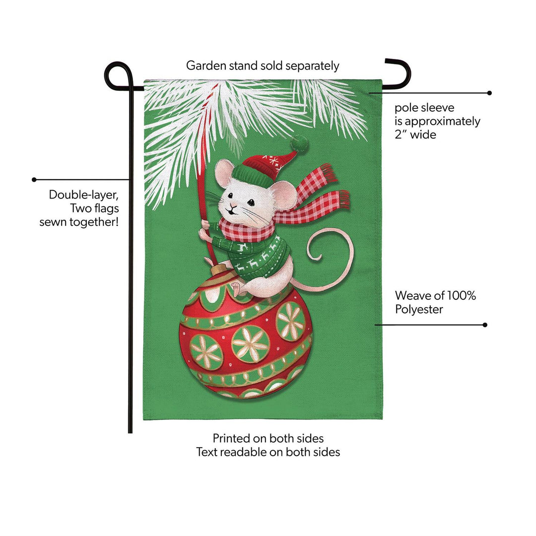 Mighty Merry Mouse garden flag size graphic showing 12 inches wide by 18 inches long