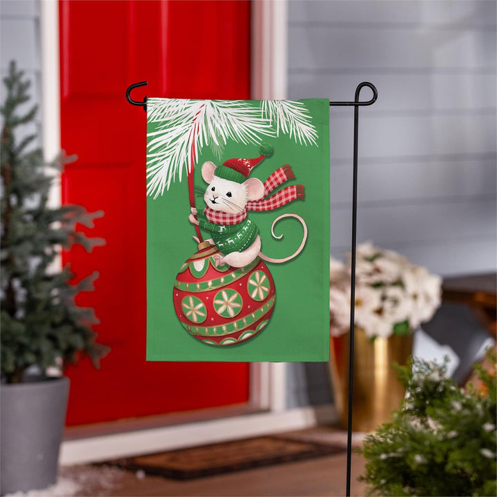 Front and back of Mighty Merry Mouse two-sided Christmas garden flag