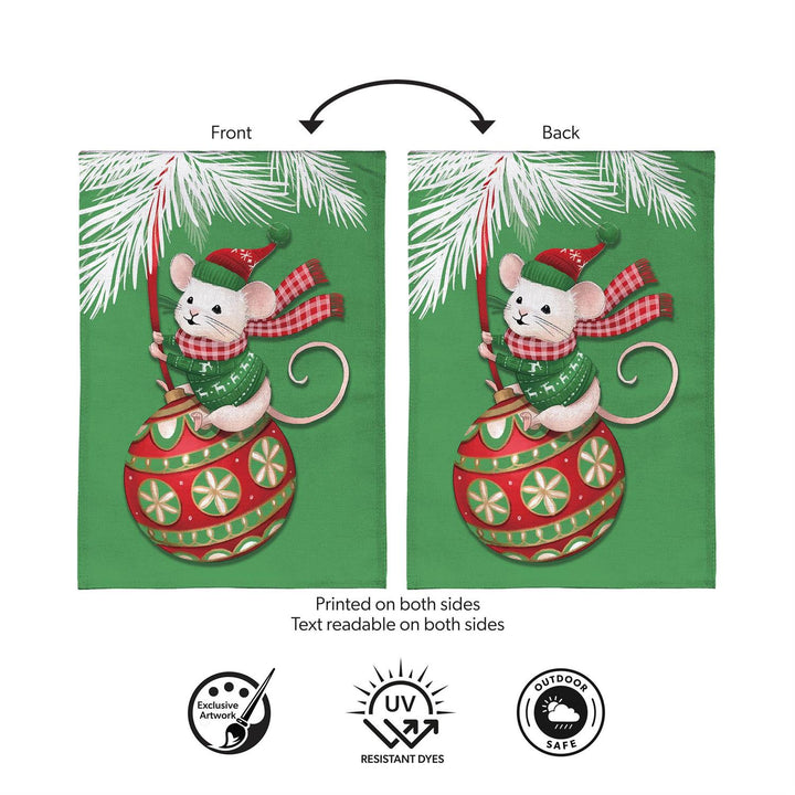 Christmas mouse garden flag displayed on a winter porch beside greenery and a sled