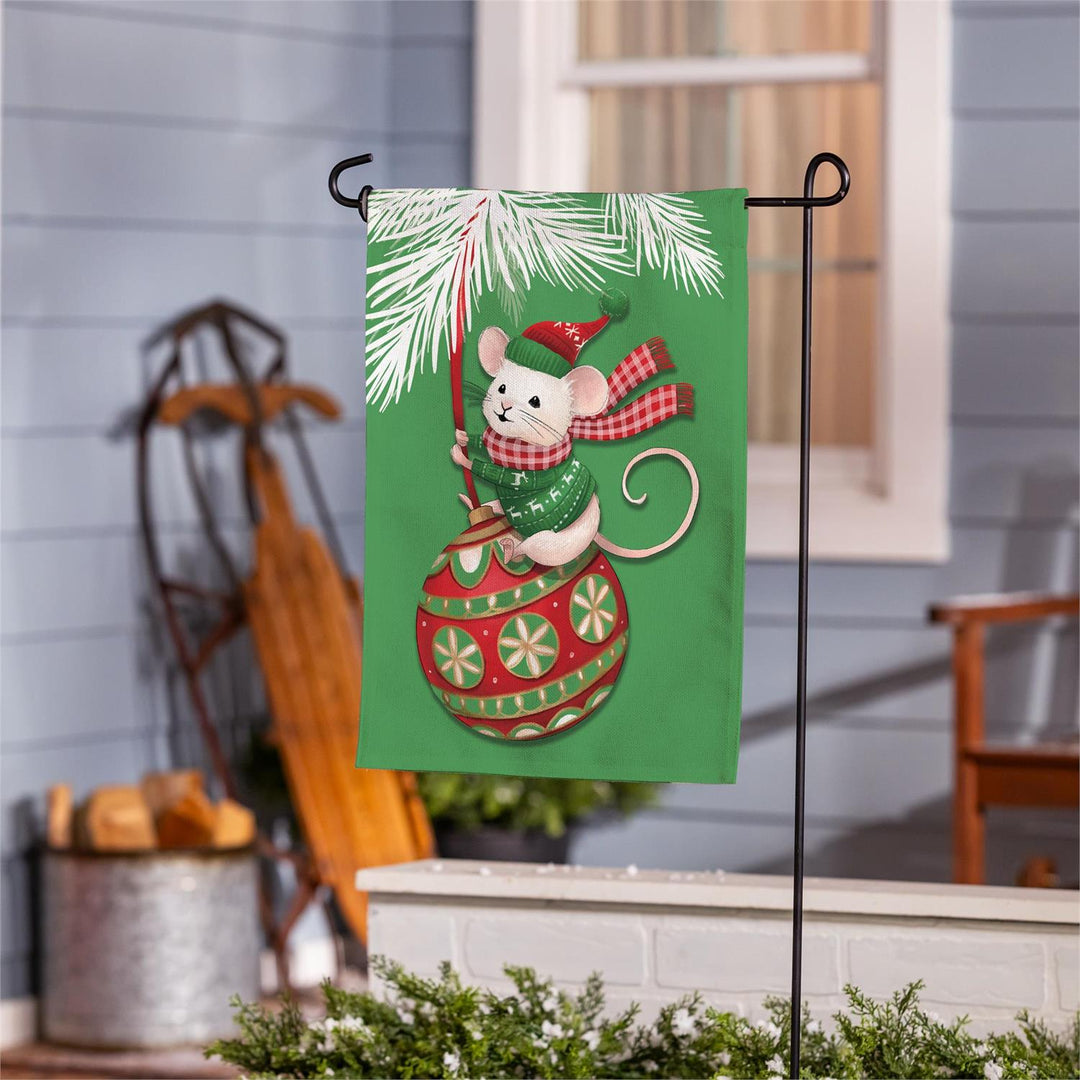 Mighty Merry Mouse flag specifications showing double-layer woven polyester and approximately 2-inch pole sleeve