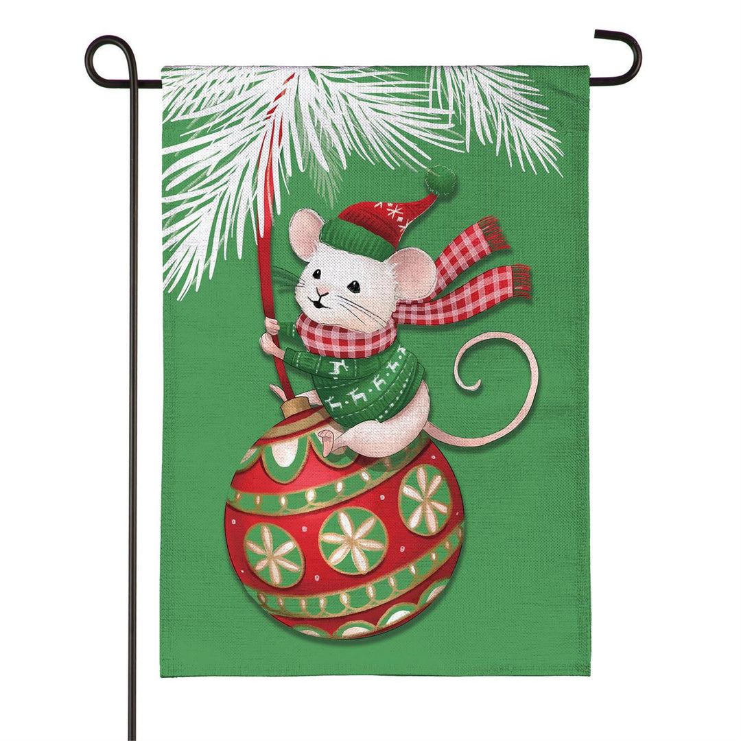 Mighty Merry Mouse Christmas burlap garden flag with mouse on a red and green ornament beneath white pine branches