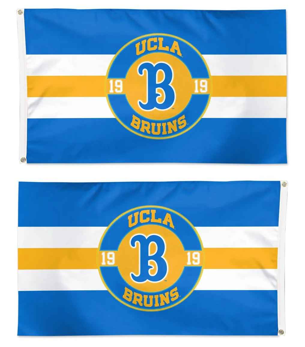 Front and back of UCLA Bruins blue and gold 3x5 flag with central B emblem, white stripes, and 1919 numerals