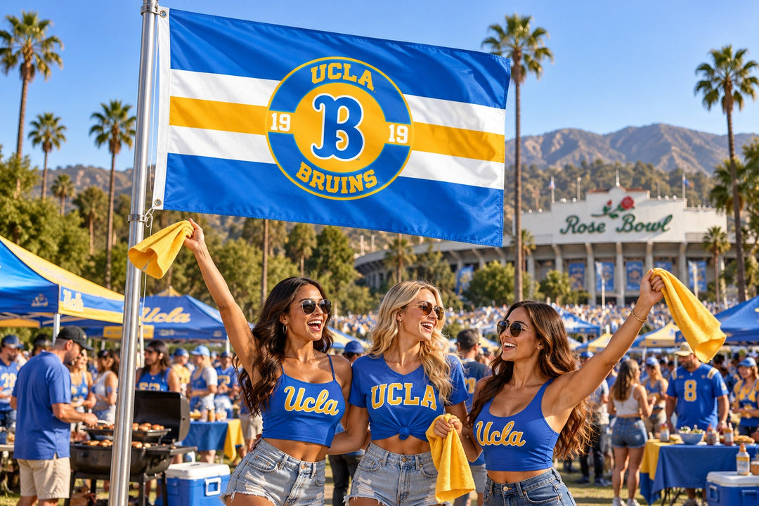 UCLA Bruins flag flying above fans at a tailgate near the Rose Bowl with palm trees and mountains in the background