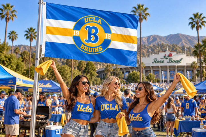 UCLA Bruins flag flying above fans at a tailgate near the Rose Bowl with palm trees and mountains in the background