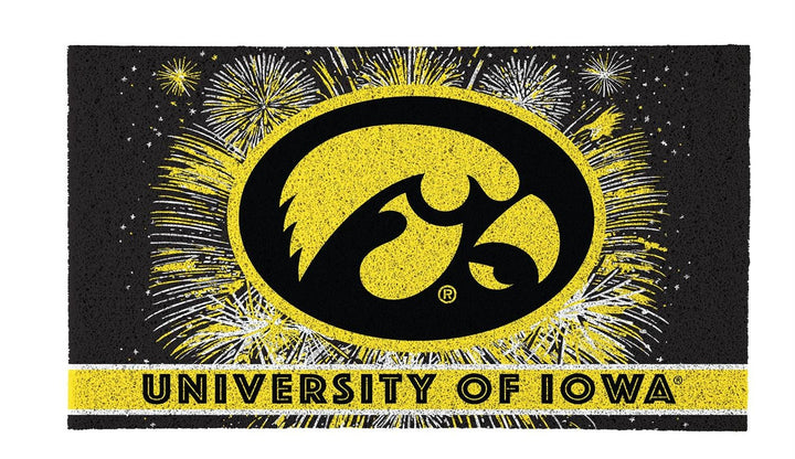 University of Iowa Patriotic PVC Mat flat lay product shot showing full design with University of Iowa text and Tigerhawk logo