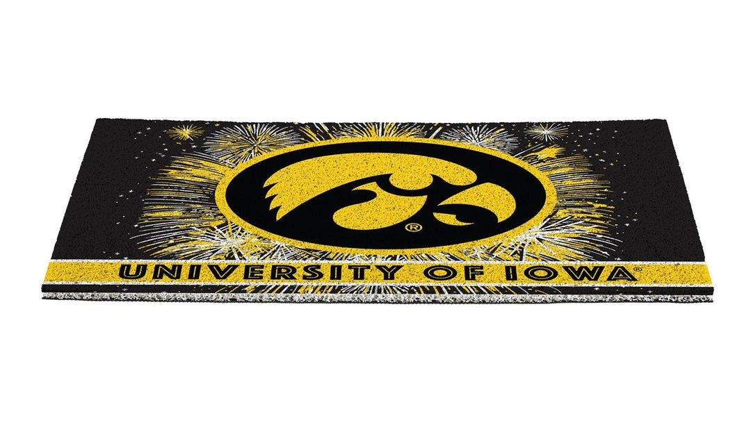 University of Iowa Patriotic PVC Mat angled product shot showing Tigerhawk logo with gold fireworks burst on black background