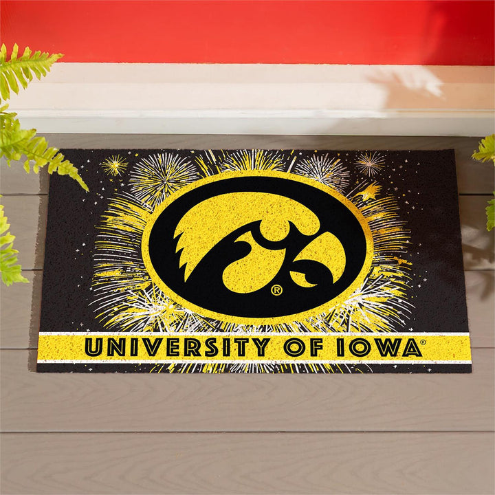 University of Iowa Patriotic PVC Mat placed at a front door entry showing full Tigerhawk fireworks design in use