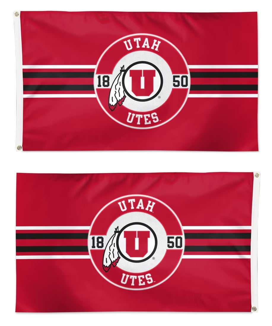 Front and back of red Utah Utes 3x5 flag with circular U emblem, 1850 numerals, and black-and-white stripes