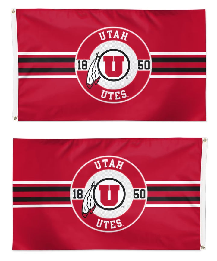 Front and back of red Utah Utes 3x5 flag with circular U emblem, 1850 numerals, and black-and-white stripes